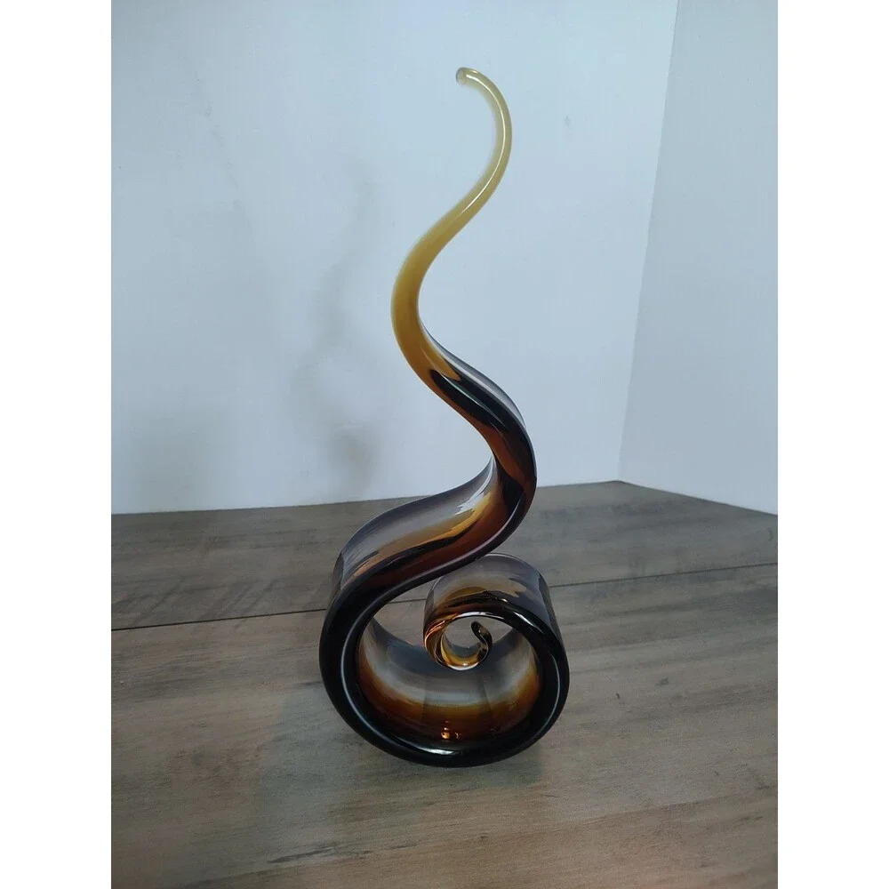 MCM Murano Style Art Glass Ribbon Sculpture Amber Smoke Flame 12.5